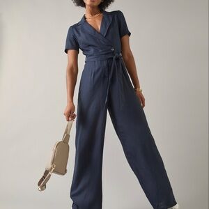 Francesca's Collections Blue Wrap Jumpsuit